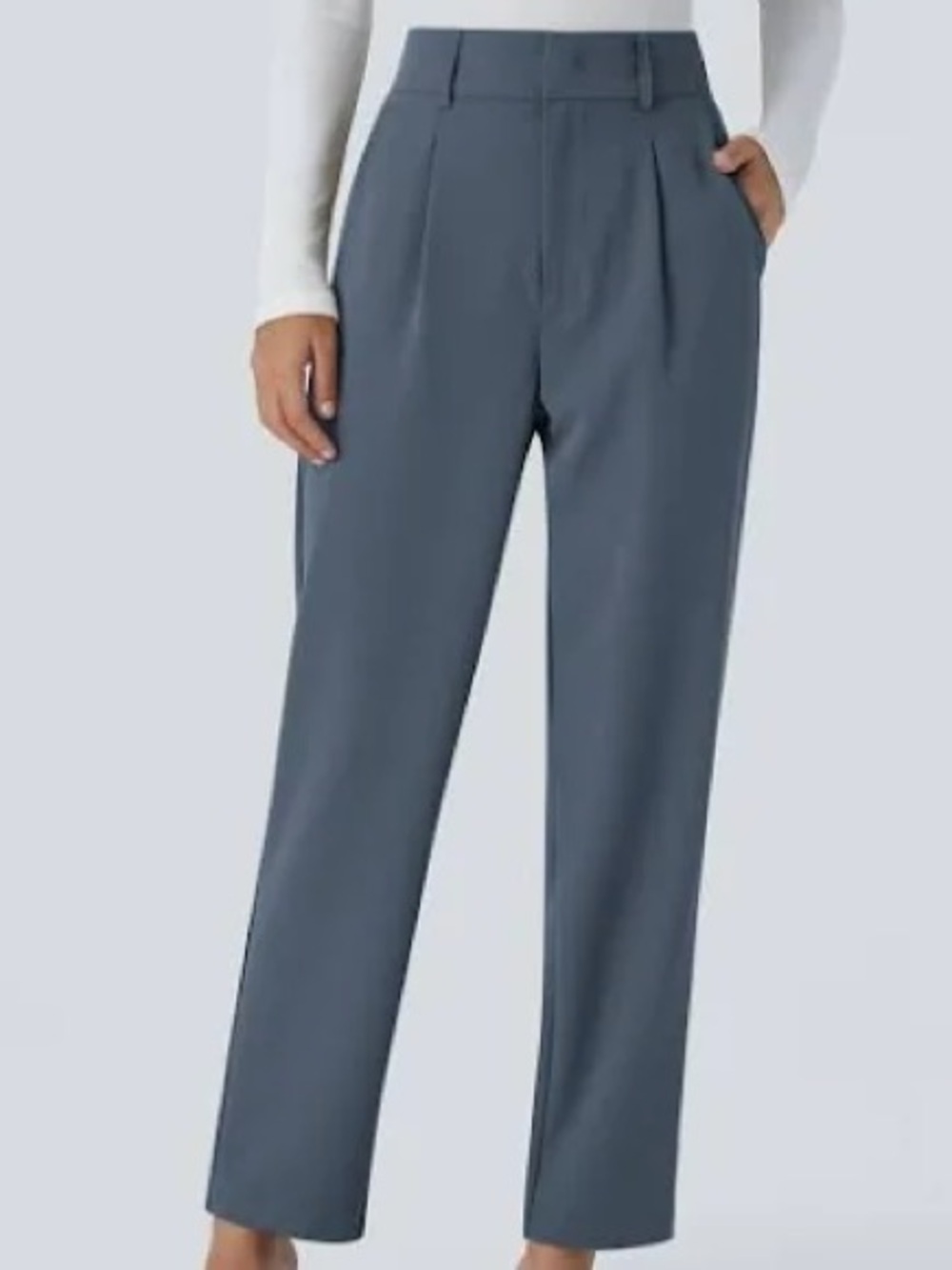 HALARA High-Rise Pleated Straight Leg Trousers — Slate Blue